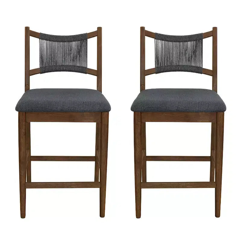 Set of 2 Modern Counter Stools with Woven Rope Backrest & Upholstered Seat – Rubberwood