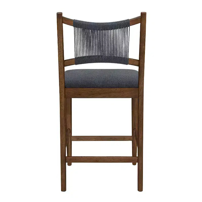 Set of 2 Modern Counter Stools with Woven Rope Backrest & Upholstered Seat – Rubberwood