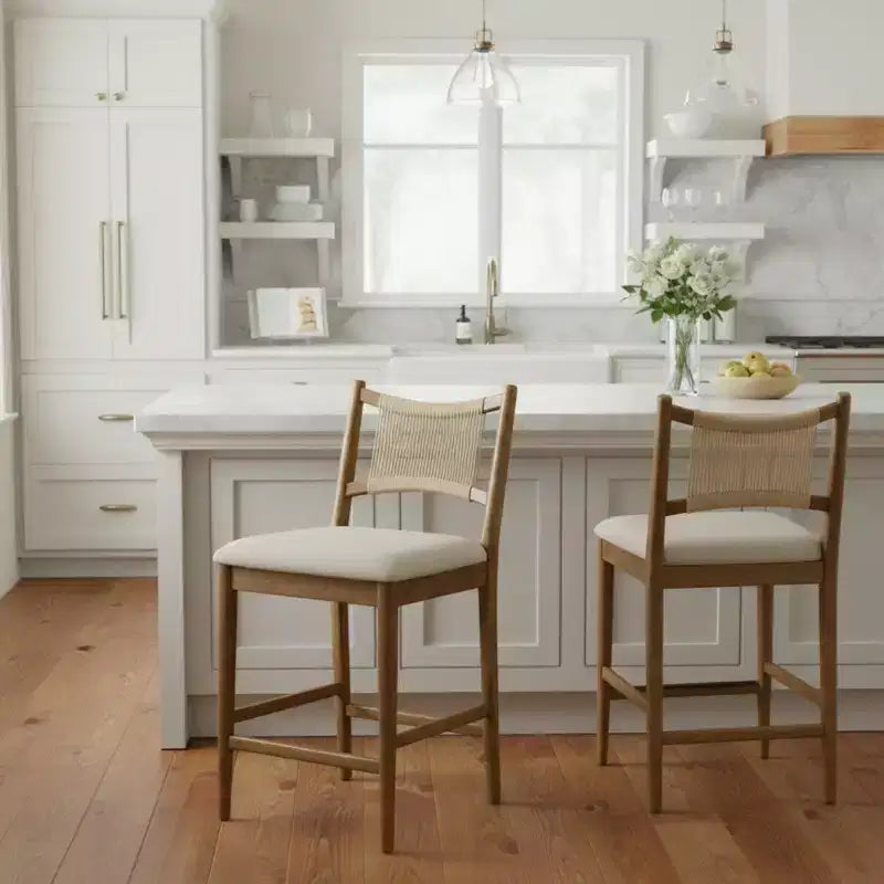 Set of 2 Modern Counter Stools with Woven Rope Backrest & Upholstered Seat – Rubberwood