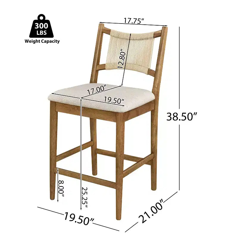 Set of 2 Modern Counter Stools with Woven Rope Backrest & Upholstered Seat – Rubberwood