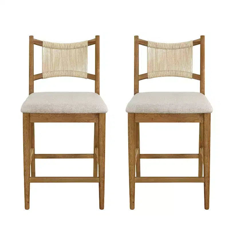 Set of 2 Modern Counter Stools with Woven Rope Backrest & Upholstered Seat – Rubberwood