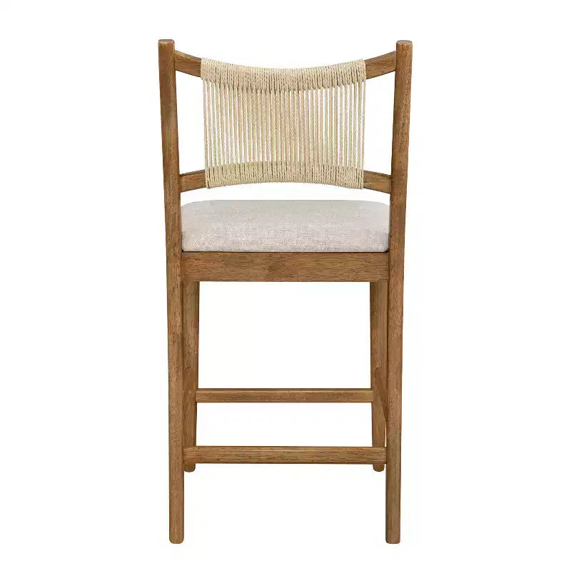 Set of 2 Modern Counter Stools with Woven Rope Backrest & Upholstered Seat – Rubberwood
