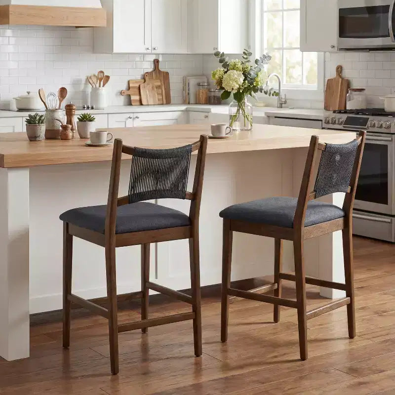 Set of 2 Modern Counter Stools with Woven Rope Backrest & Upholstered Seat – Rubberwood