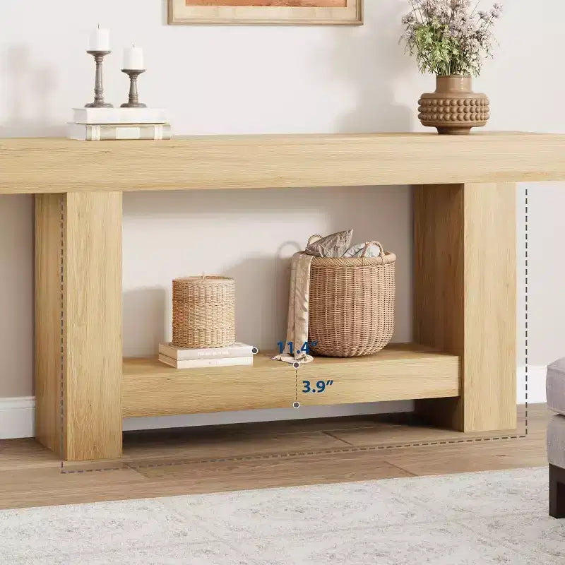 63in Farmhouse Console Table with H-Shaped Base & Lower Shelf – Narrow Entryway Sofa Table
