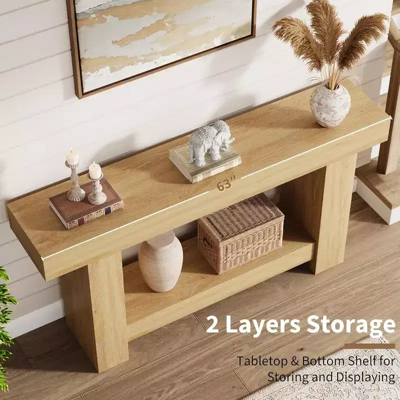 63in Farmhouse Console Table with H-Shaped Base & Lower Shelf – Narrow Entryway Sofa Table