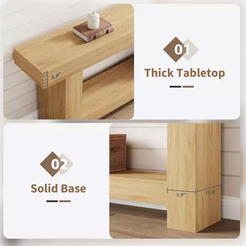 63in Farmhouse Console Table with H-Shaped Base & Lower Shelf – Narrow Entryway Sofa Table