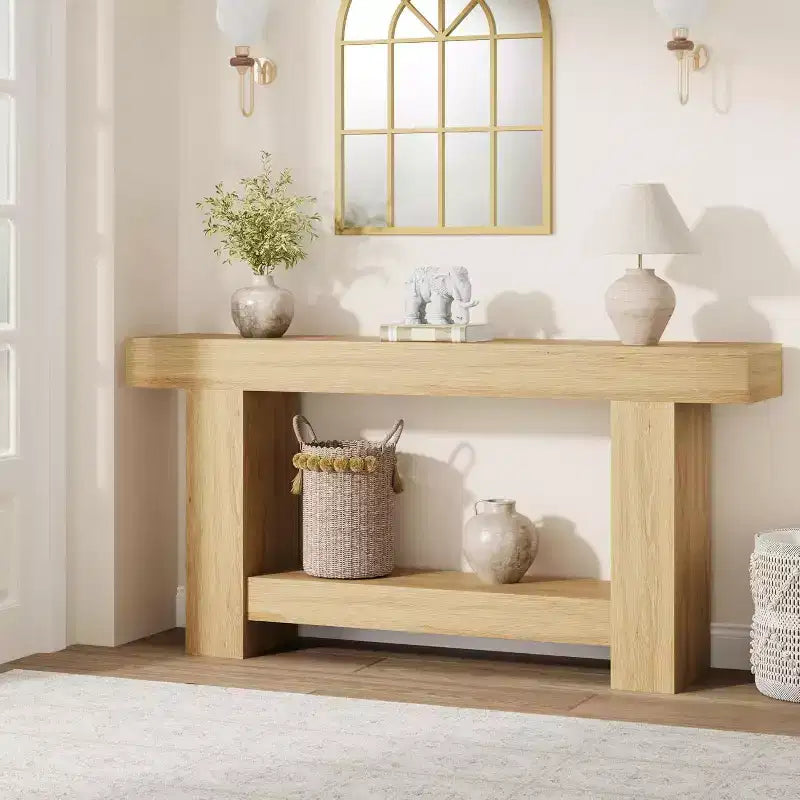 63in Farmhouse Console Table with H-Shaped Base & Lower Shelf – Narrow Entryway Sofa Table