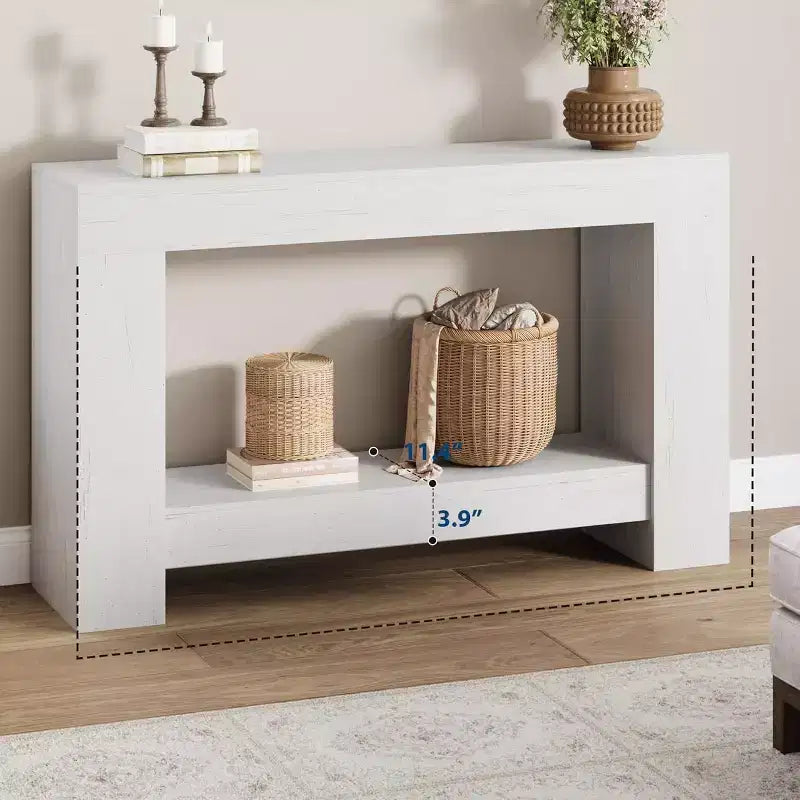 63in Farmhouse Console Table with H-Shaped Base & Lower Shelf – Narrow Entryway Sofa Table