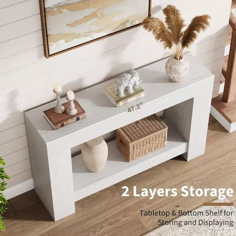 63in Farmhouse Console Table with H-Shaped Base & Lower Shelf – Narrow Entryway Sofa Table