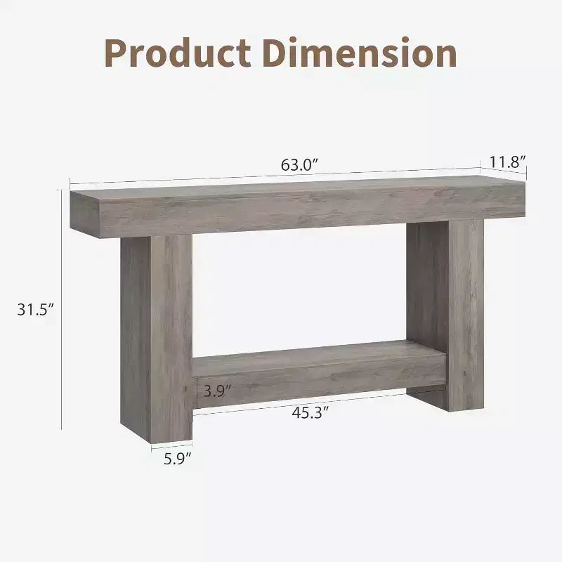 63in Farmhouse Console Table with H-Shaped Base & Lower Shelf – Narrow Entryway Sofa Table