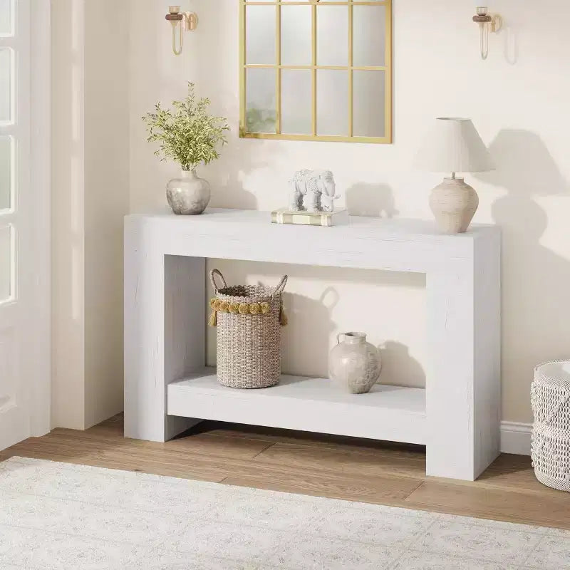 63in Farmhouse Console Table with H-Shaped Base & Lower Shelf – Narrow Entryway Sofa Table