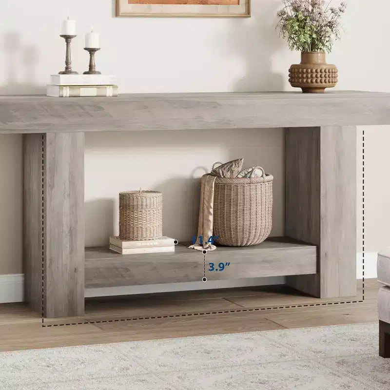 63in Farmhouse Console Table with H-Shaped Base & Lower Shelf – Narrow Entryway Sofa Table