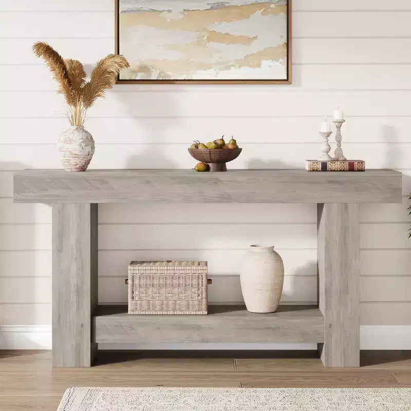 63in Farmhouse Console Table with H-Shaped Base & Lower Shelf – Narrow Entryway Sofa Table