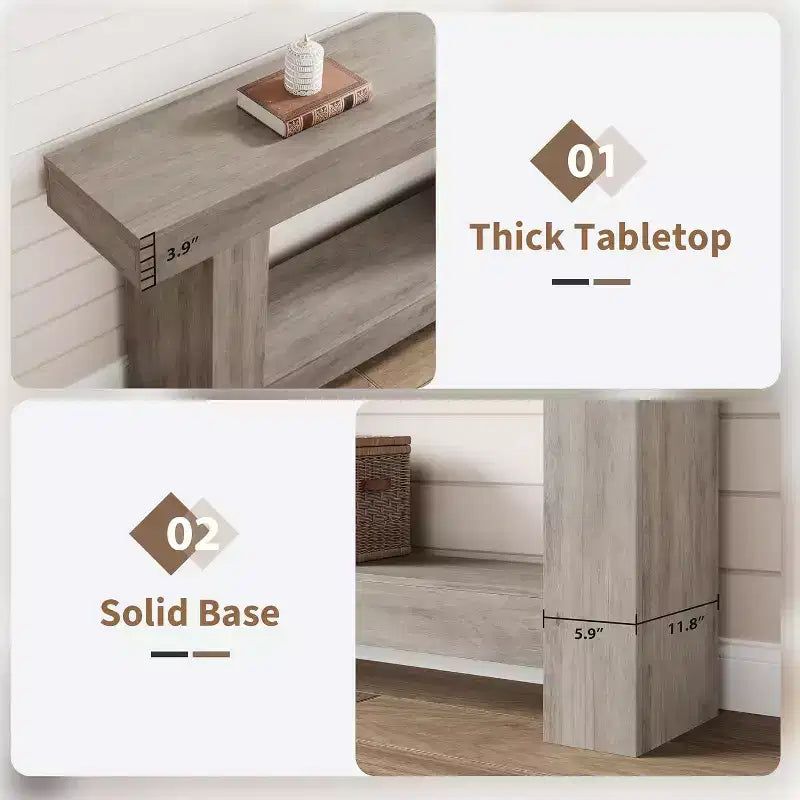 63in Farmhouse Console Table with H-Shaped Base & Lower Shelf – Narrow Entryway Sofa Table