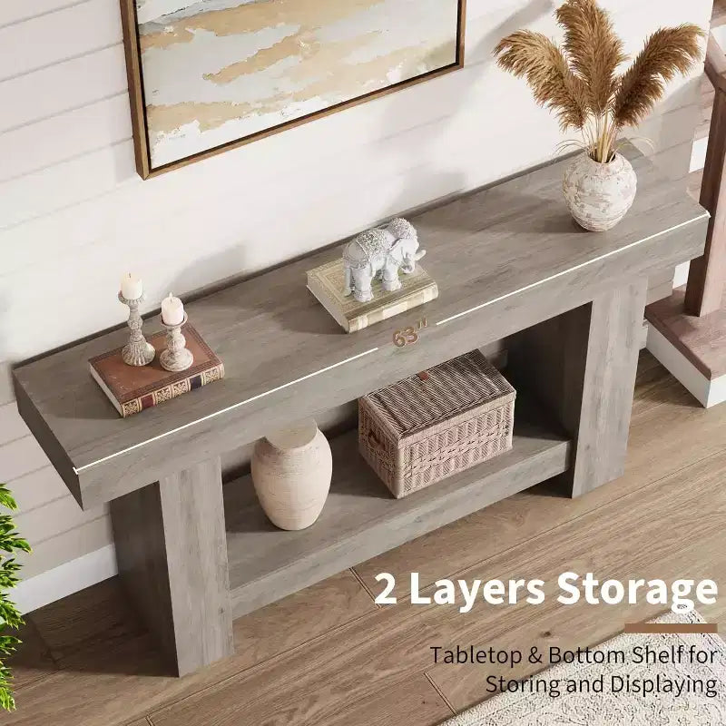 63in Farmhouse Console Table with H-Shaped Base & Lower Shelf – Narrow Entryway Sofa Table