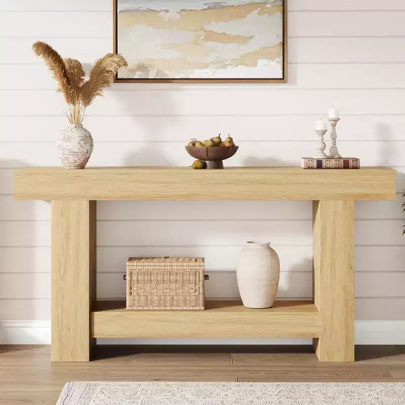 63in Farmhouse Console Table with H-Shaped Base & Lower Shelf – Narrow Entryway Sofa Table