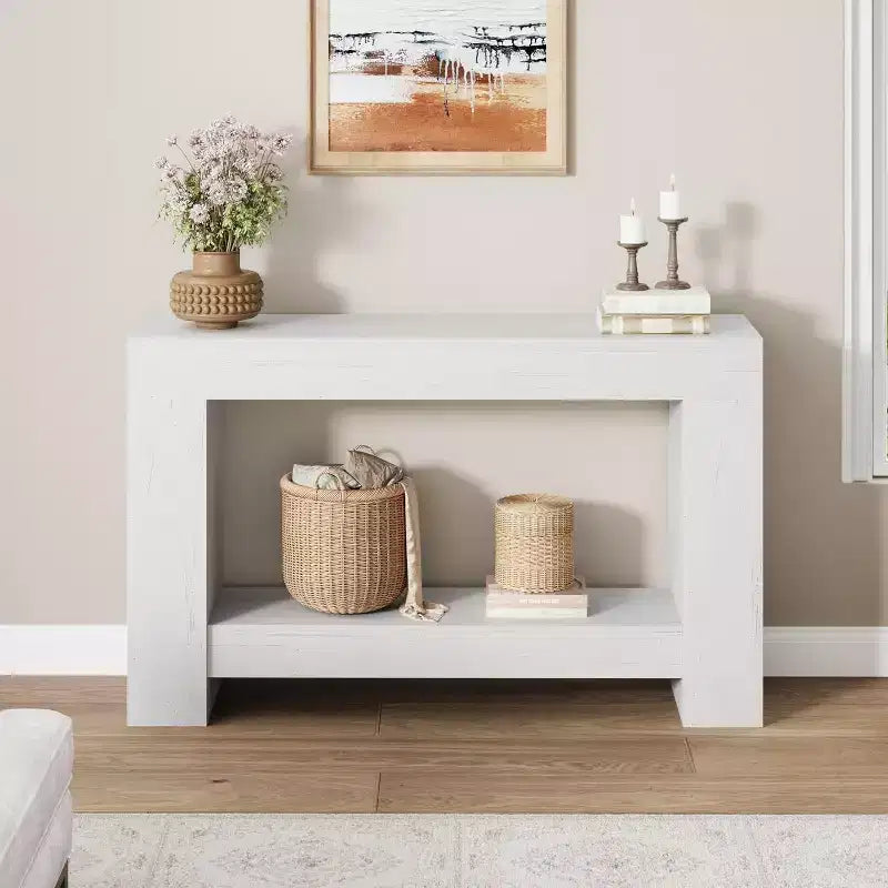 63in Farmhouse Console Table with H-Shaped Base & Lower Shelf – Narrow Entryway Sofa Table