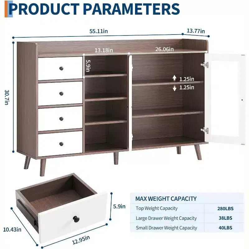 55in Rustic Farmhouse Sideboard Buffet with Glass Doors, 4 Drawers & Adjustable Shelves