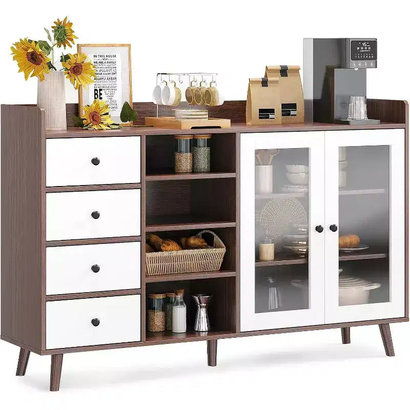 55in Rustic Farmhouse Sideboard Buffet with Glass Doors, 4 Drawers & Adjustable Shelves