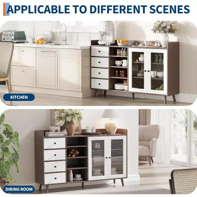 55in Rustic Farmhouse Sideboard Buffet with Glass Doors, 4 Drawers & Adjustable Shelves