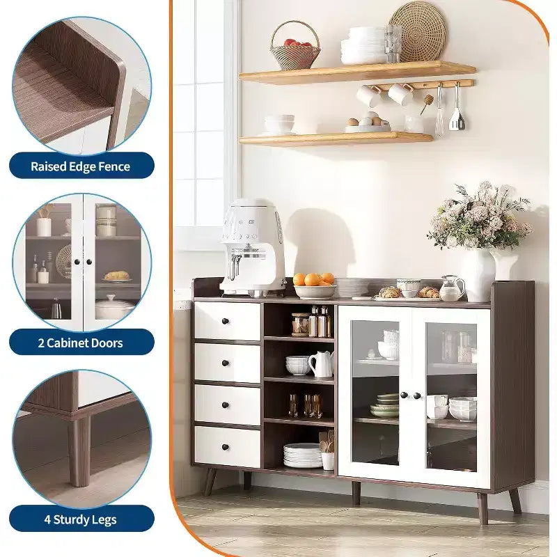 55in Rustic Farmhouse Sideboard Buffet with Glass Doors, 4 Drawers & Adjustable Shelves