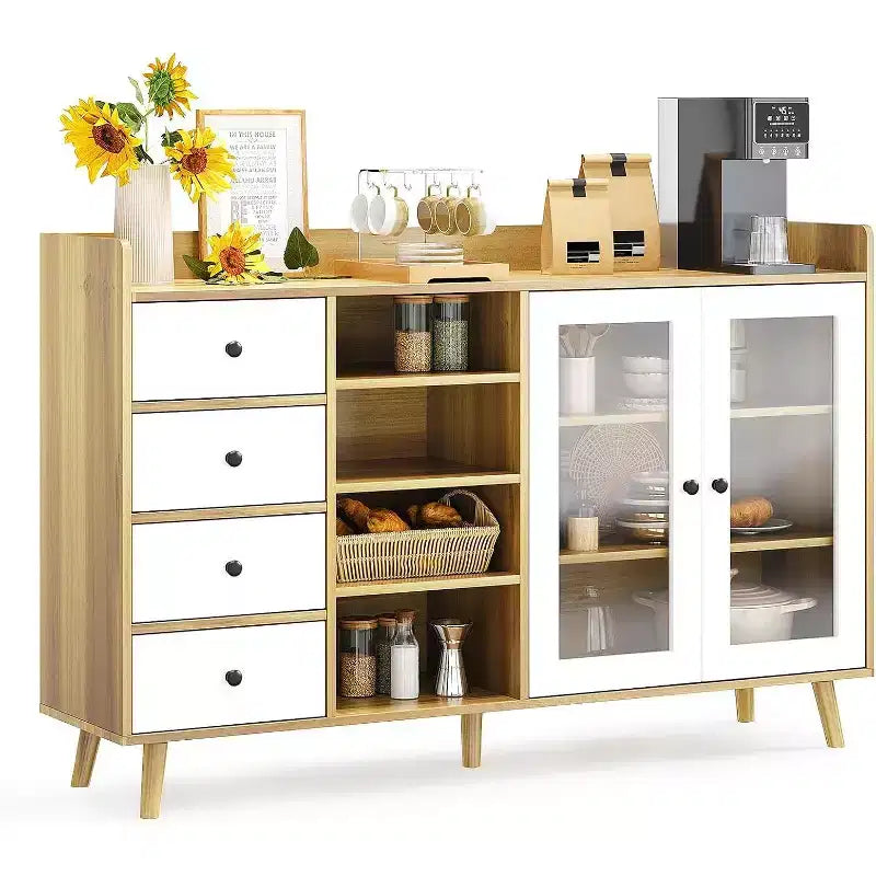 55in Rustic Farmhouse Sideboard Buffet with Glass Doors, 4 Drawers & Adjustable Shelves