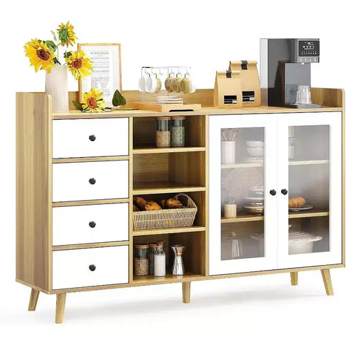 55in Rustic Farmhouse Sideboard Buffet with Glass Doors, 4 Drawers & Adjustable Shelves
