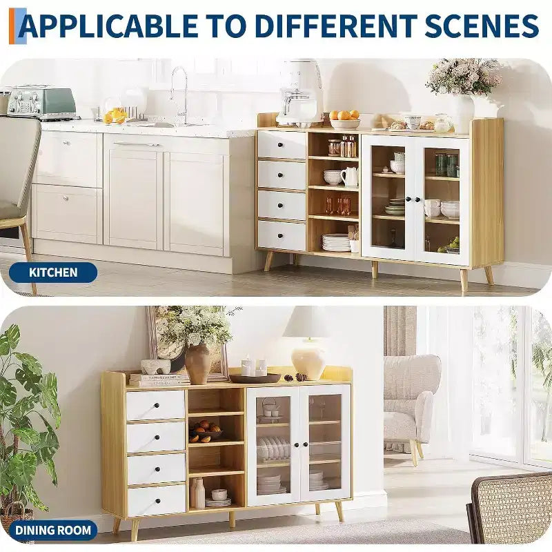 55in Rustic Farmhouse Sideboard Buffet with Glass Doors, 4 Drawers & Adjustable Shelves