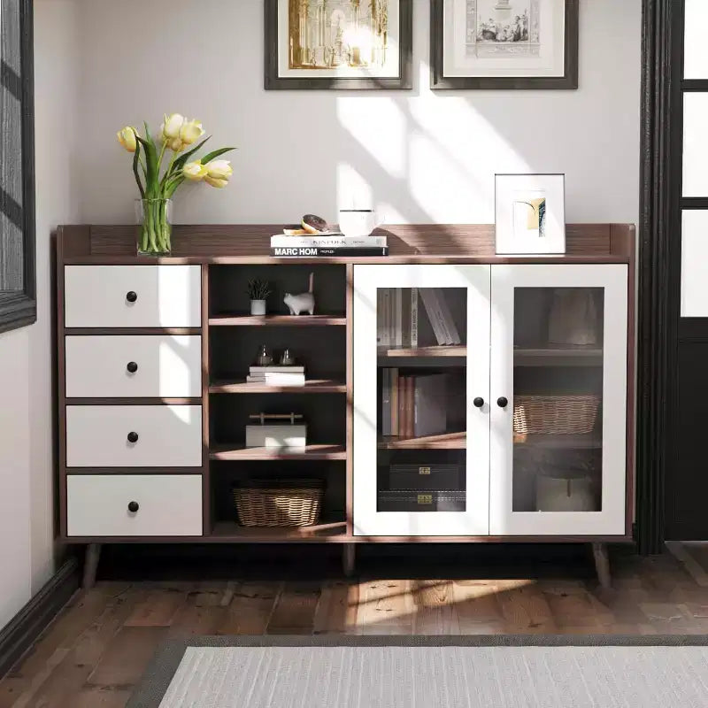 55in Rustic Farmhouse Sideboard Buffet with Glass Doors, 4 Drawers & Adjustable Shelves
