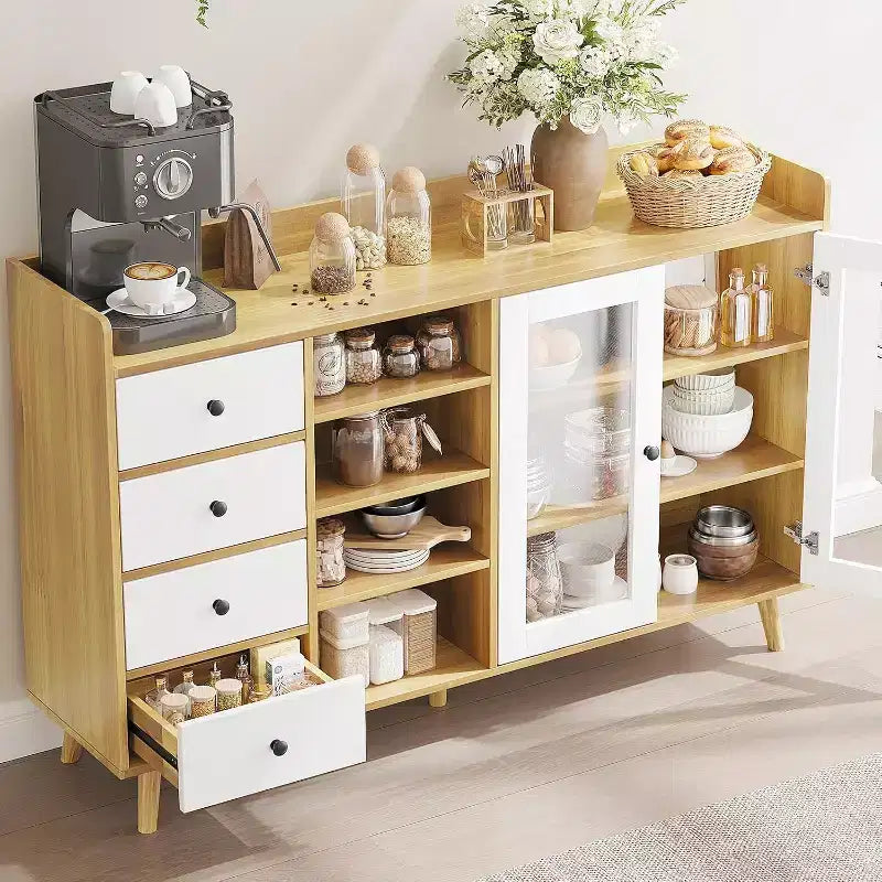 Mid Century Modern Buffet Cabinet with Glass Doors & Adjustable Shelves, 55 Rustic Farmhouse Sideboard for Dining Room Kitchen Storage