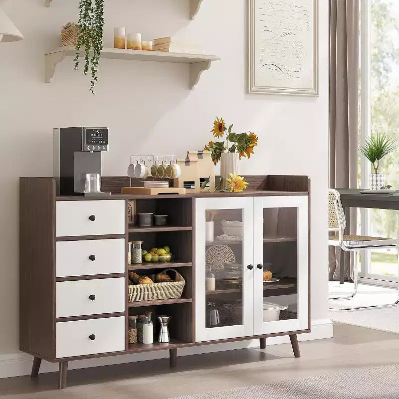 55in Rustic Farmhouse Sideboard Buffet with Glass Doors, 4 Drawers & Adjustable Shelves