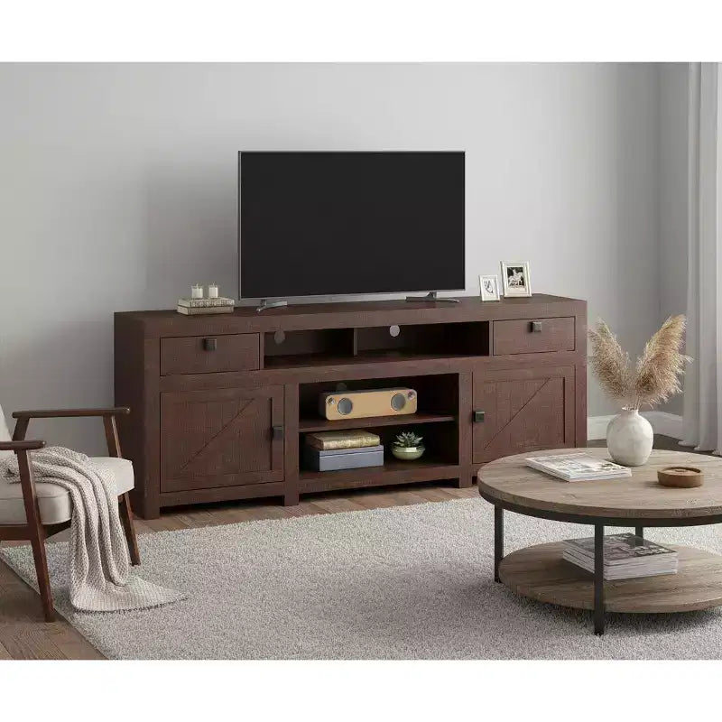 Farmhouse TV Stand for TVs up to 80in – 4 Drawers, 3 Open Shelves, Entertainment Center