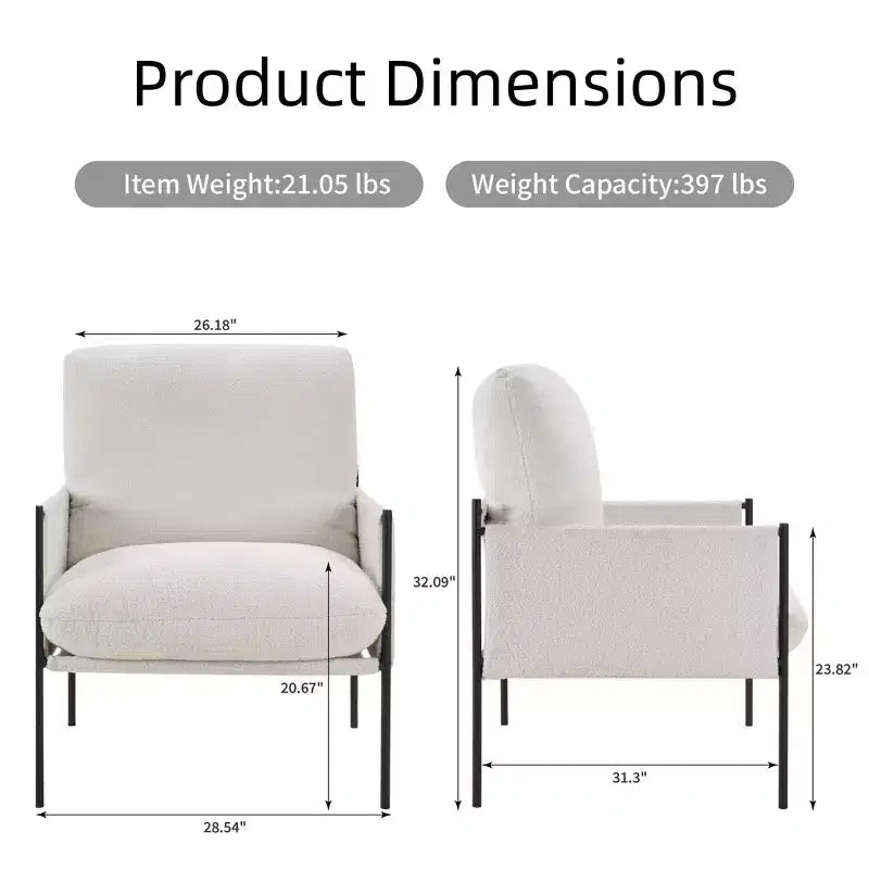 Upholstered Accent Reading Chair with Removable Cushion & Wooden Armrests – White