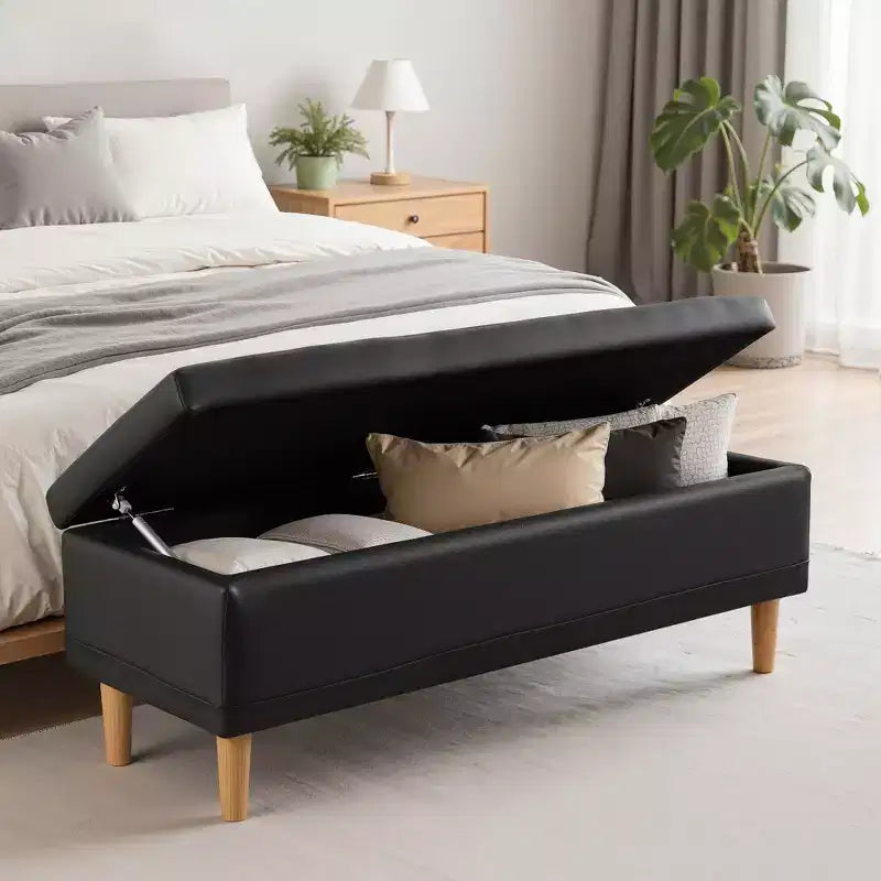 44in PU Leather Storage Ottoman Bench with Hidden Compartment & Shoe Shelf – Black