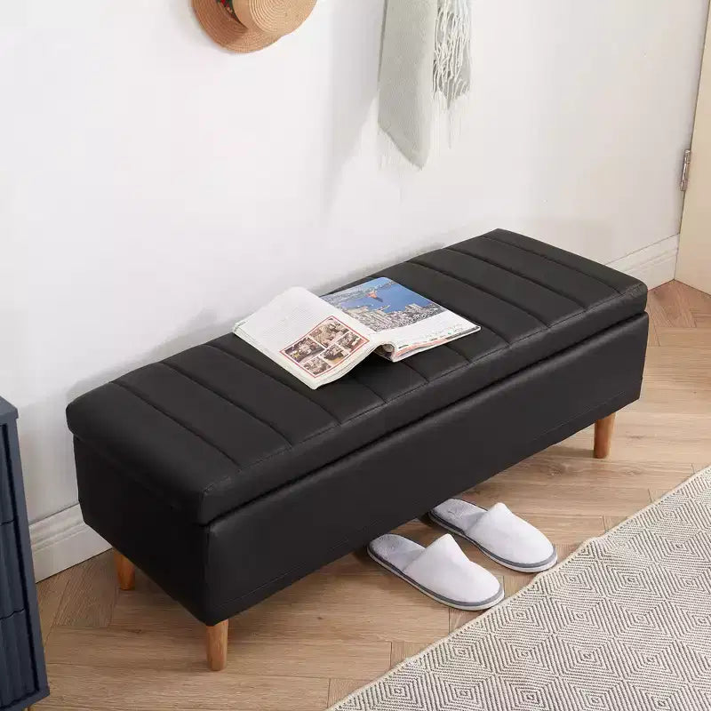 44in PU Leather Storage Ottoman Bench with Hidden Compartment & Shoe Shelf – Black