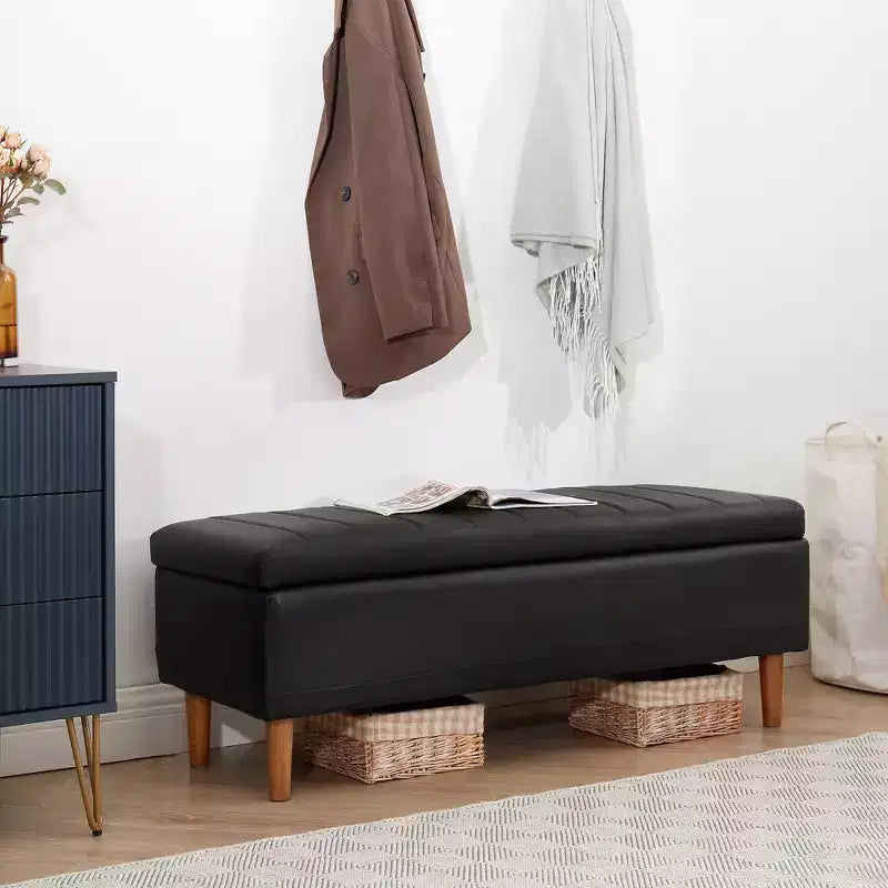 44in PU Leather Storage Ottoman Bench with Hidden Compartment & Shoe Shelf – Black