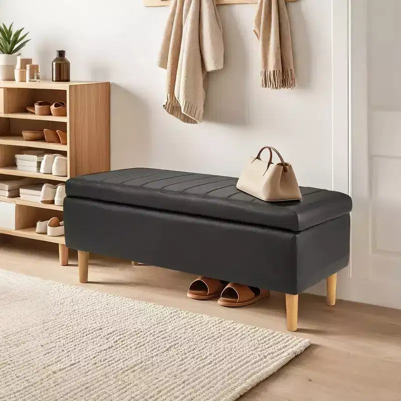 44in PU Leather Storage Ottoman Bench with Hidden Compartment & Shoe Shelf – Black