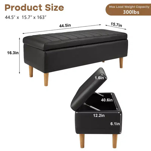 44in PU Leather Storage Ottoman Bench with Hidden Compartment & Shoe Shelf – Black