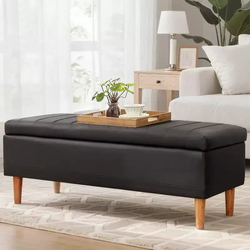 44in PU Leather Storage Ottoman Bench with Hidden Compartment & Shoe Shelf – Black