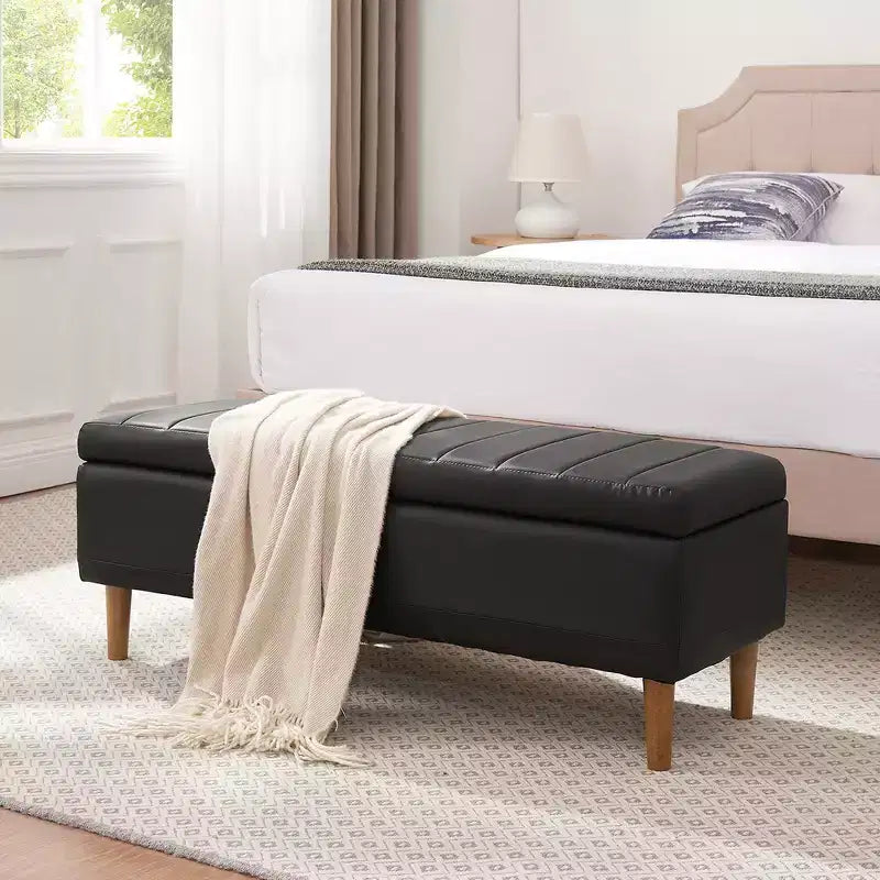 44in PU Leather Storage Ottoman Bench with Hidden Compartment & Shoe Shelf – Black