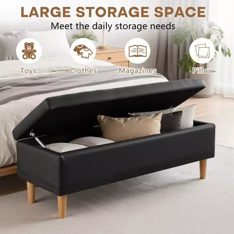 44in PU Leather Storage Ottoman Bench with Hidden Compartment & Shoe Shelf – Black