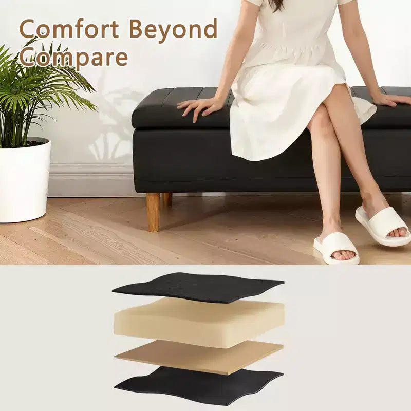 44in PU Leather Storage Ottoman Bench with Hidden Compartment & Shoe Shelf – Black