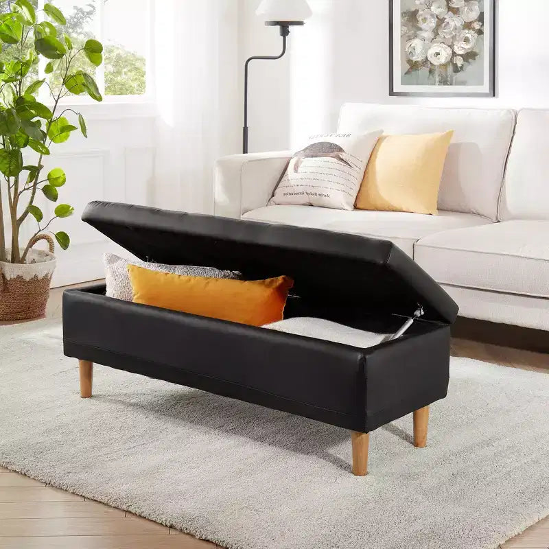 44in PU Leather Storage Ottoman Bench with Hidden Compartment & Shoe Shelf – Black