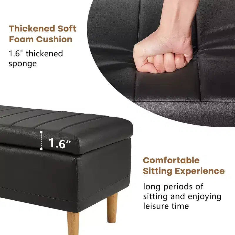 44in PU Leather Storage Ottoman Bench with Hidden Compartment & Shoe Shelf – Black