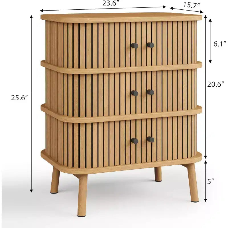 Mid Century Wicker 3-Drawer Dresser – Natural Chest with Black Handles & Wood Legs