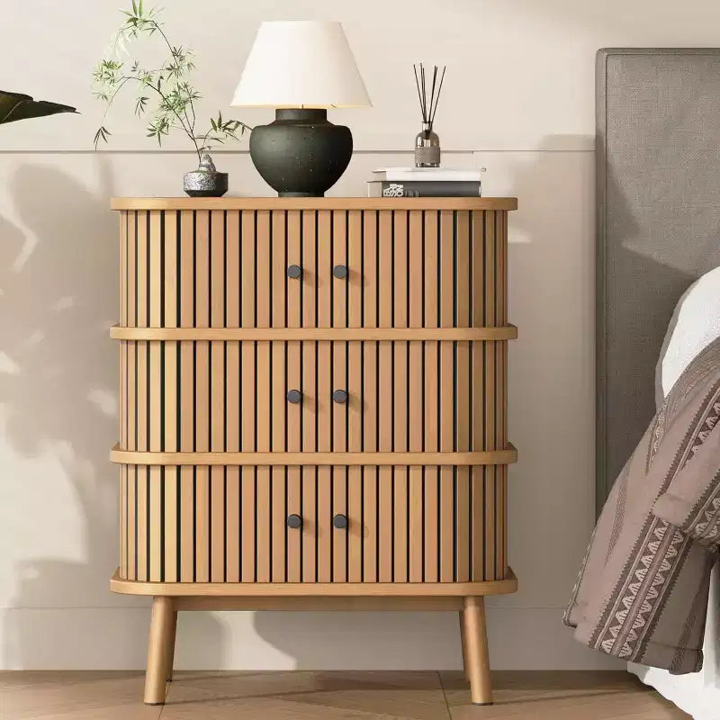 Mid Century Wicker 3-Drawer Dresser – Natural Chest with Black Handles & Wood Legs