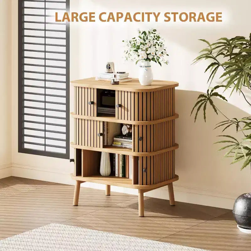 Mid Century Wicker 3-Drawer Dresser – Natural Chest with Black Handles & Wood Legs