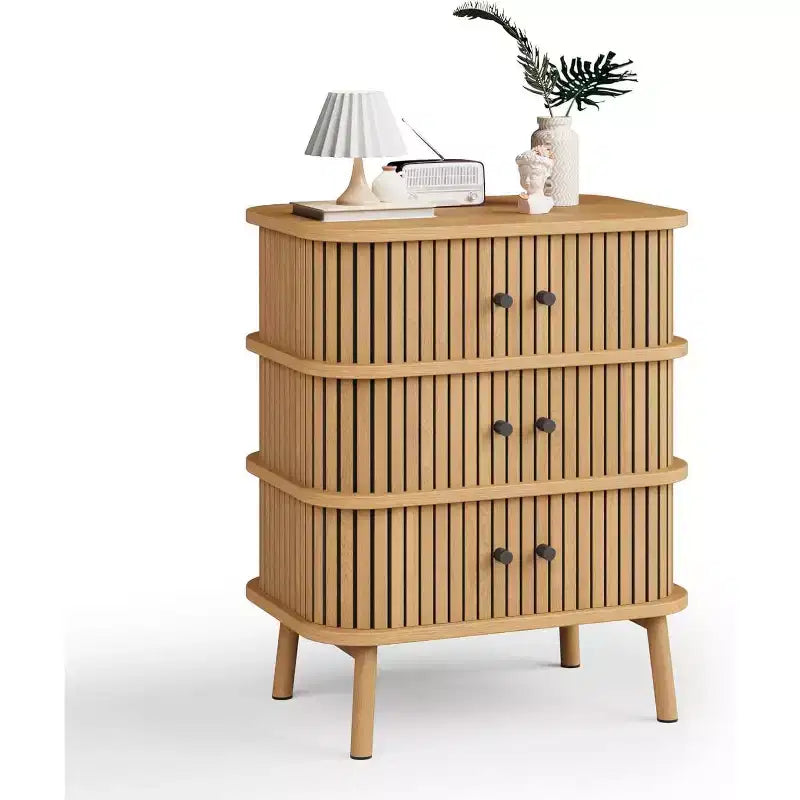 Mid Century Wicker 3-Drawer Dresser – Natural Chest with Black Handles & Wood Legs