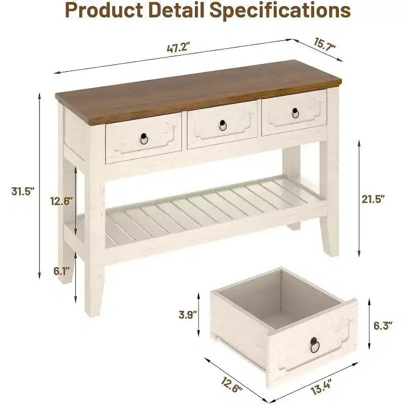 Farmhouse Narrow Console Table with 3 Drawers & Open Shelf – Rustic White, 47in