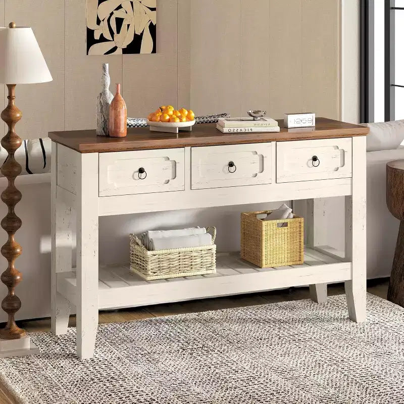 Farmhouse Narrow Console Table with 3 Drawers & Open Shelf – Rustic White, 47in